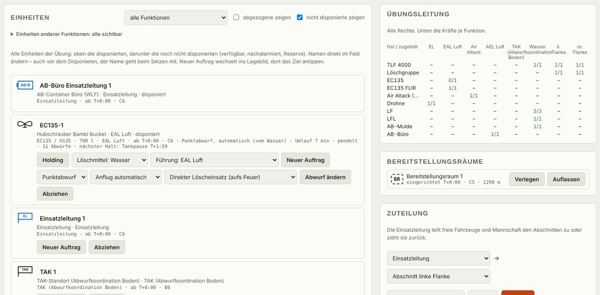 Einheitenliste mit disponierten und verfügbaren Kräften und Zuteilung an Abschnitte